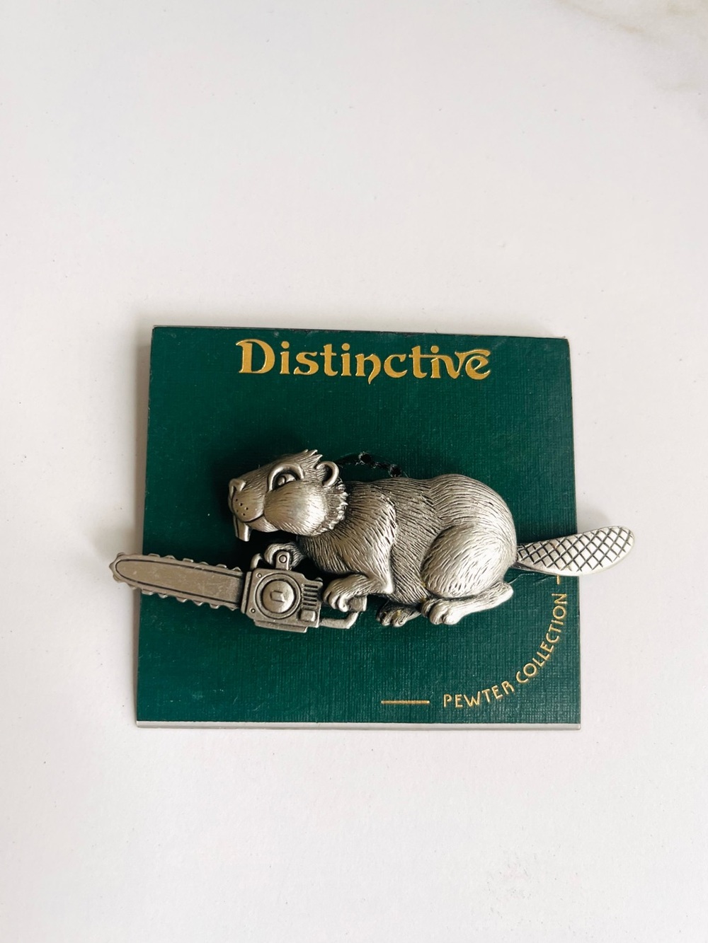 Vintage JJ (Jonette Jewelry) Beaver with Chainsaw Pewter Brooch